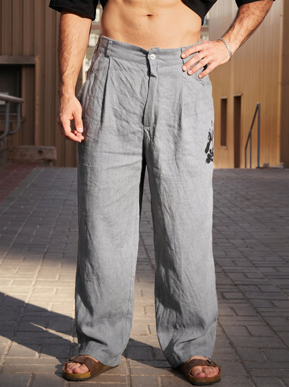 Men's Wide-Leg Trousers with Pleats and Button Closure