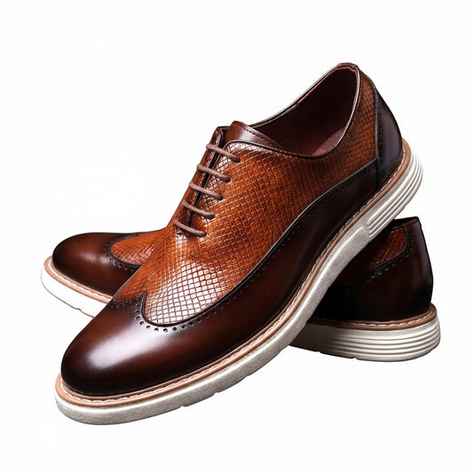 Men's Wingtip Dress Shoes with Brogue Detailing and Textured Panel