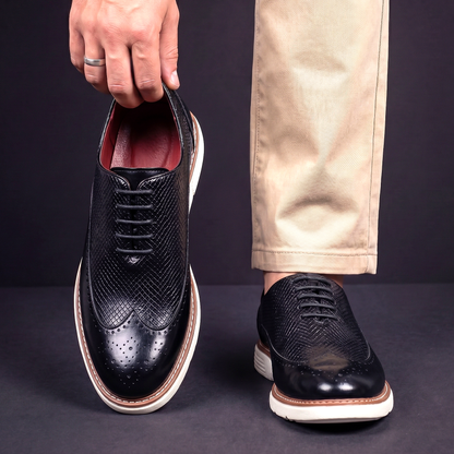 Men's Wingtip Dress Shoes with Brogue Detailing and Textured Panel