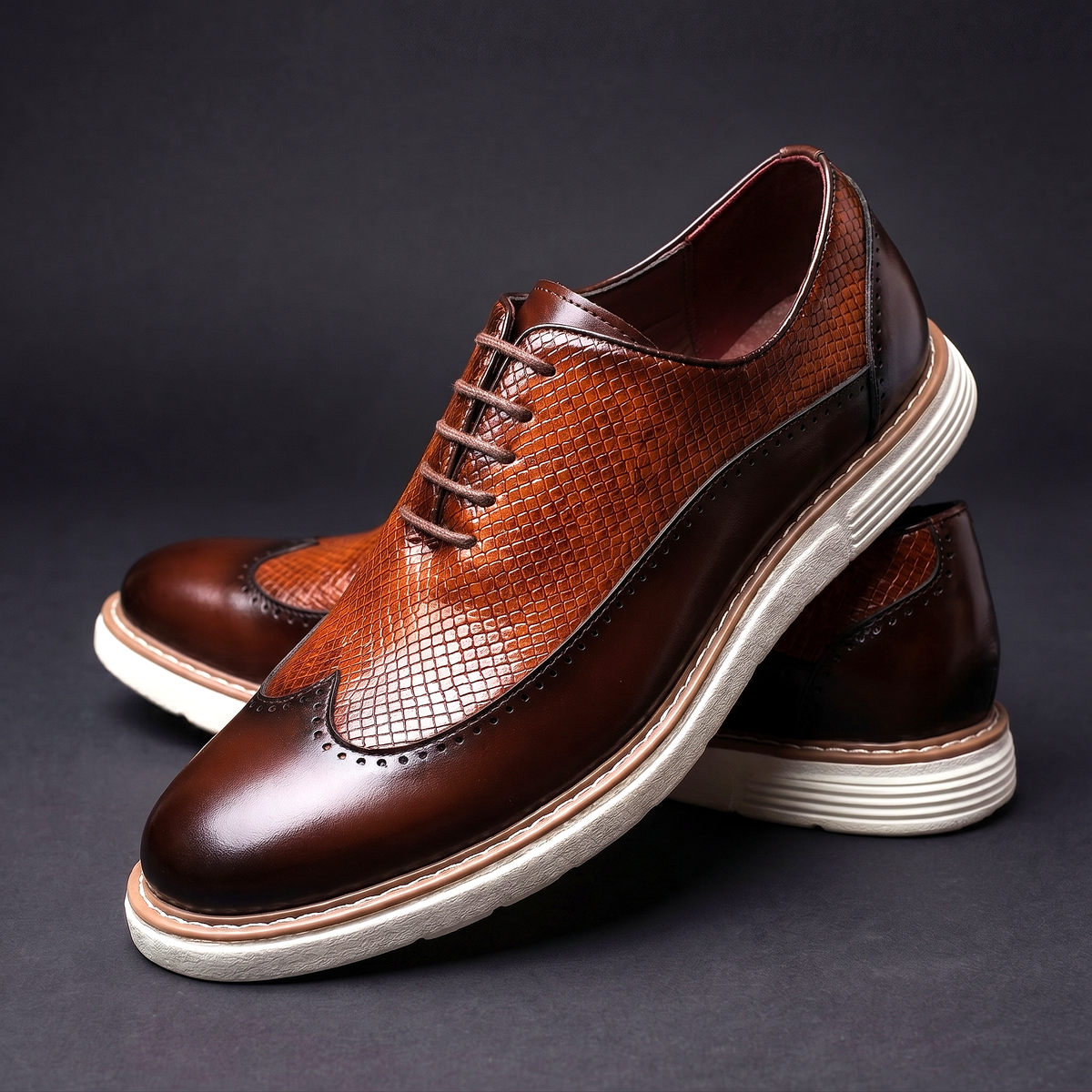 Men's Wingtip Dress Shoes with Brogue Detailing and Textured Panel