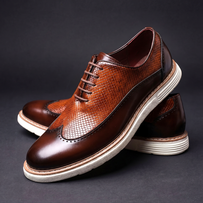 Men's Wingtip Dress Shoes with Brogue Detailing and Textured Panel