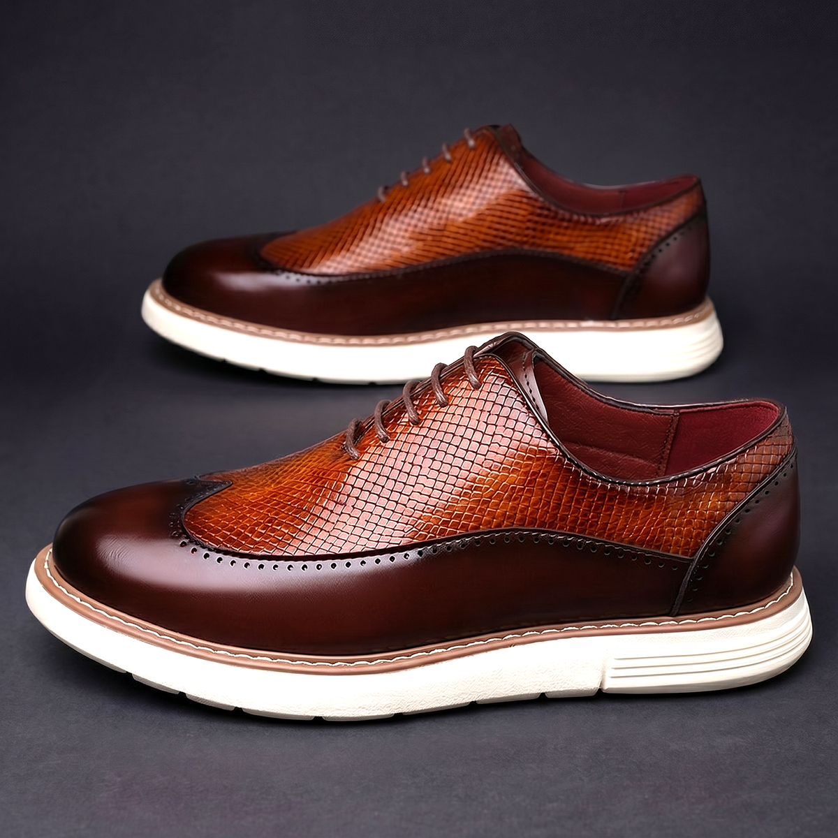 Men's Wingtip Dress Shoes with Brogue Detailing and Textured Panel