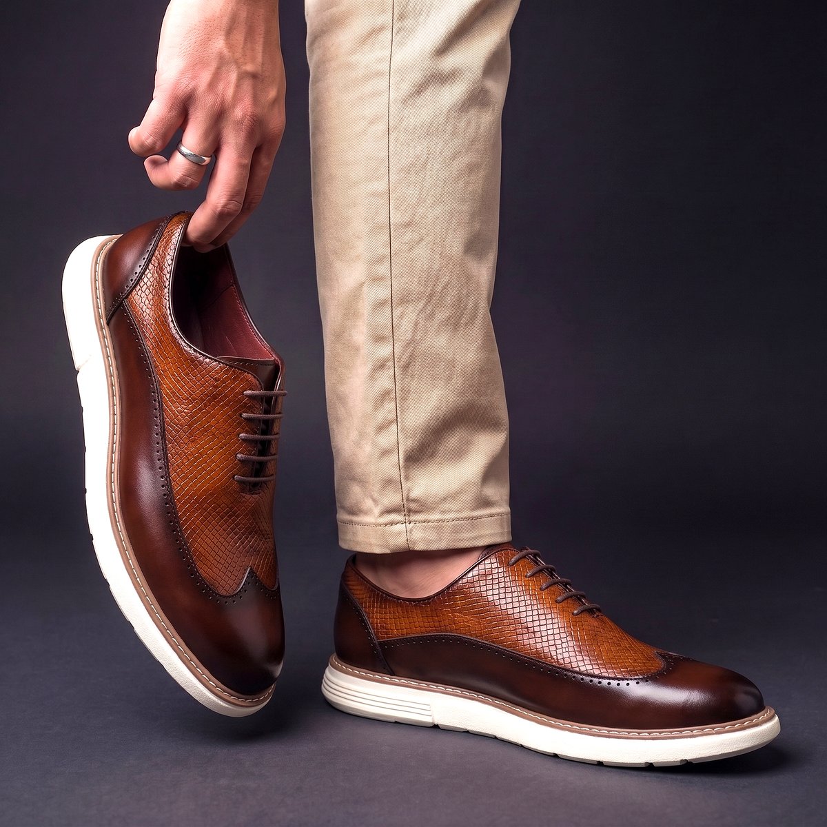 Men's Wingtip Dress Shoes with Brogue Detailing and Textured Panel