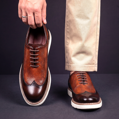 Men's Wingtip Dress Shoes with Brogue Detailing and Textured Panel