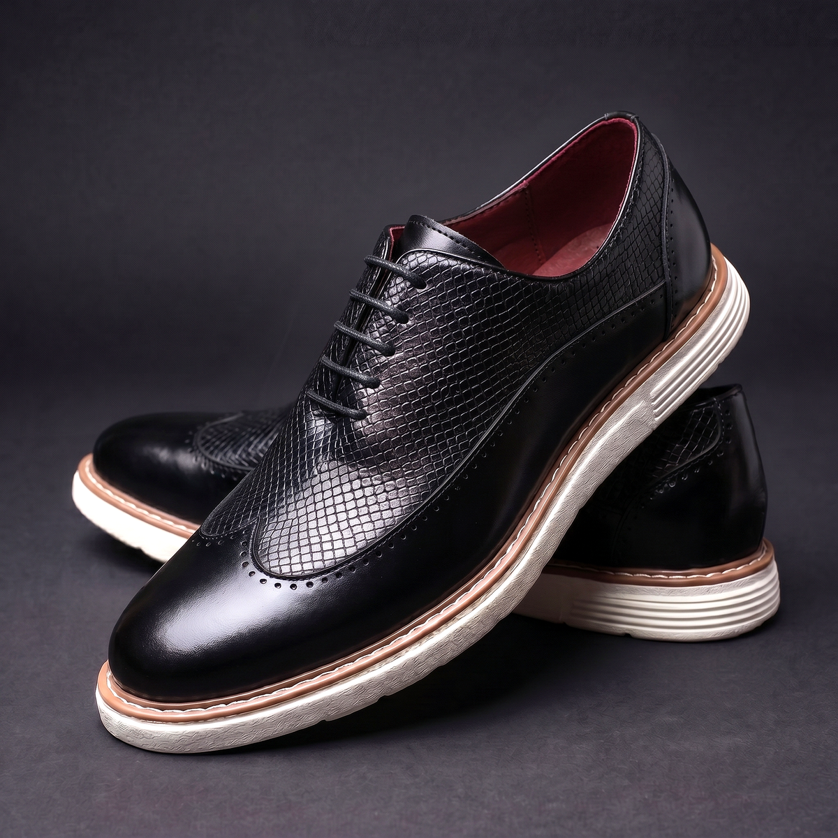 Men's Wingtip Dress Shoes with Brogue Detailing and Textured Panel