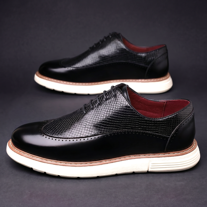 Men's Wingtip Dress Shoes with Brogue Detailing and Textured Panel