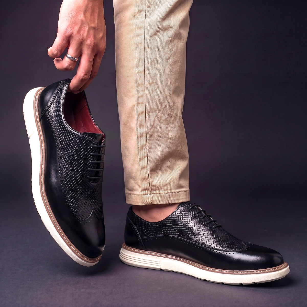 Men's Wingtip Dress Shoes with Brogue Detailing and Textured Panel