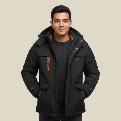 Men's Winter Parka Jacket with Removable Hood and Multiple Pockets