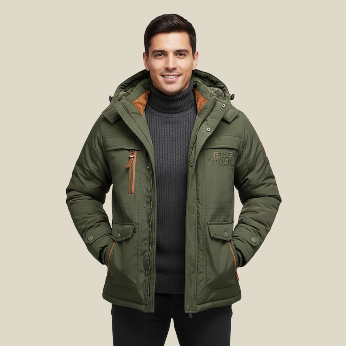 Men's Winter Parka Jacket with Removable Hood and Multiple Pockets