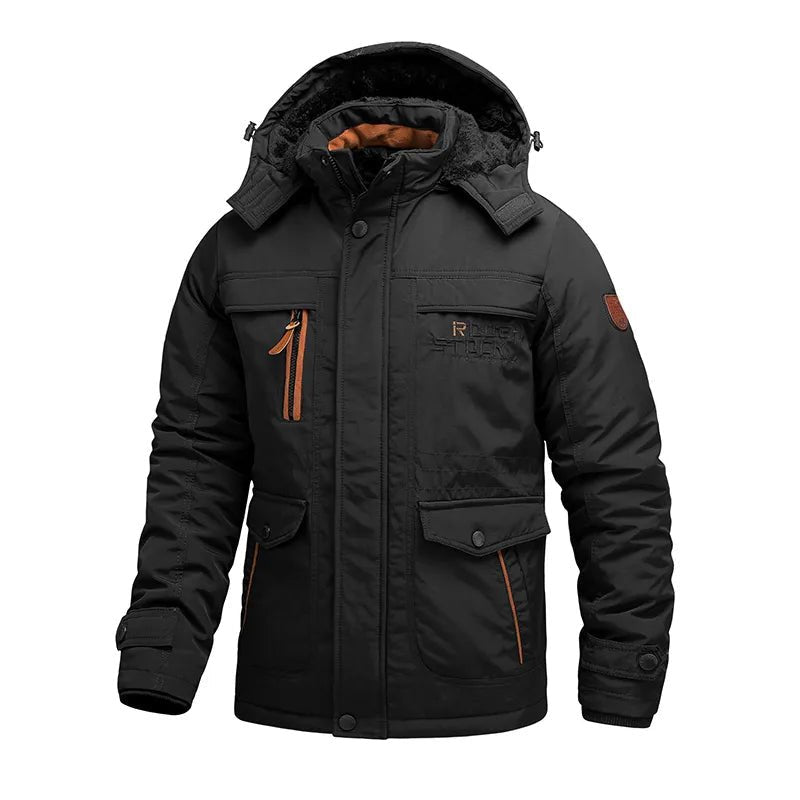 Men's Winter Parka Jacket with Removable Hood and Multiple Pockets