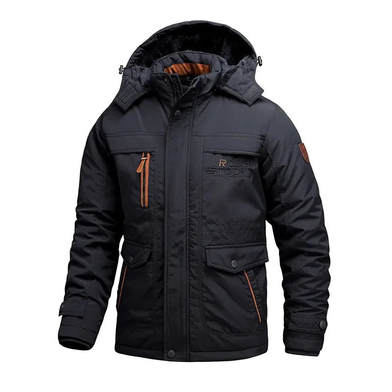 Men's Winter Parka Jacket with Removable Hood and Multiple Pockets