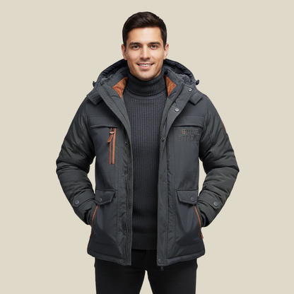 Men's Winter Parka Jacket with Removable Hood and Multiple Pockets