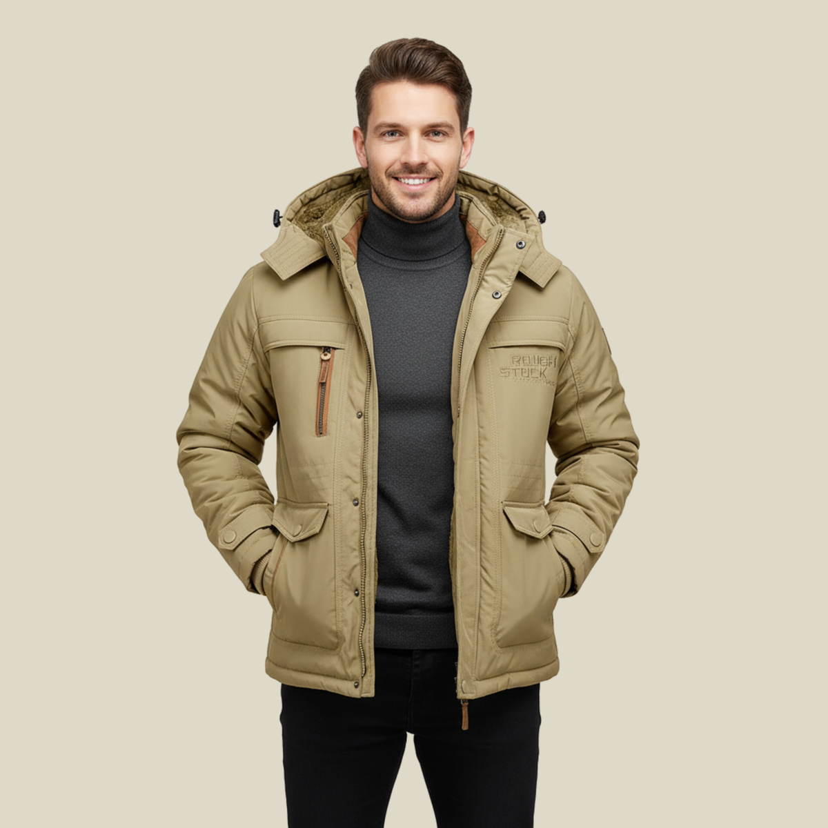 Men's Winter Parka Jacket with Removable Hood and Multiple Pockets