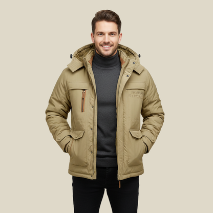 Men's Winter Parka Jacket with Removable Hood and Multiple Pockets
