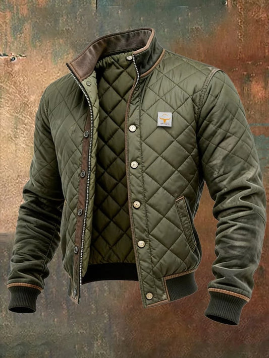 Men's Wrinkle-Free Quilted Bomber Jacket with Stand Collar and Snap Placket