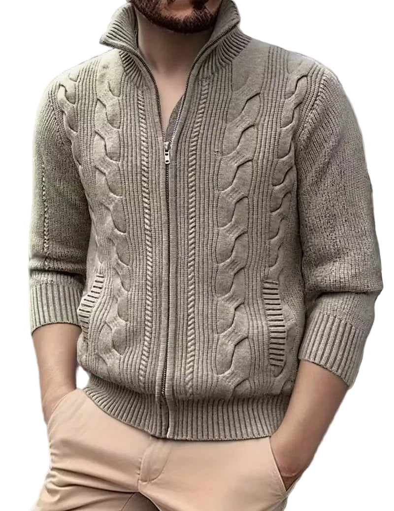 Men's Zip-Up Cardigan with Cable-Knit Panels