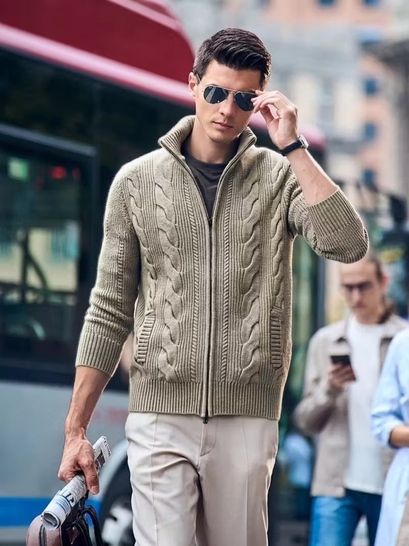Men's Zip-Up Cardigan with Cable-Knit Panels
