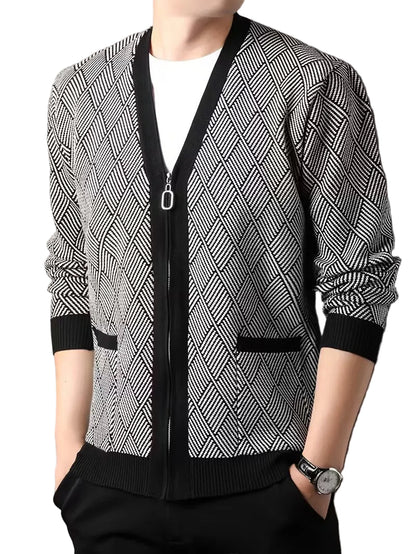 Men's Zip-Up Cardigan with Diamond Knit Pattern