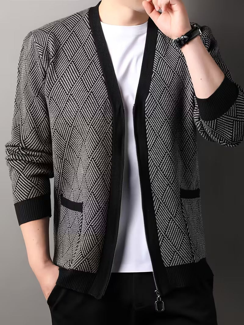 Men's Zip-Up Cardigan with Diamond Knit Pattern