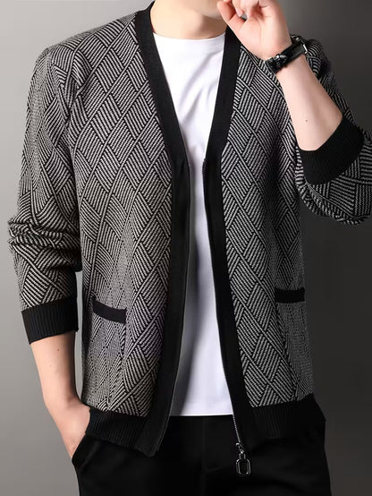 Men's Zip-Up Cardigan with Diamond Knit Pattern