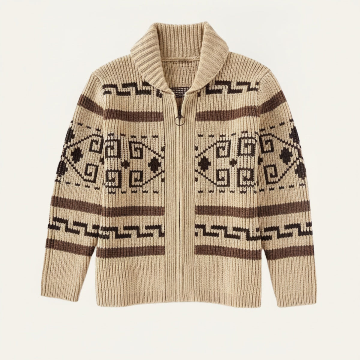 Men's Zip-Up Cardigan with Shawl Collar and Aztec Jacquard Pattern