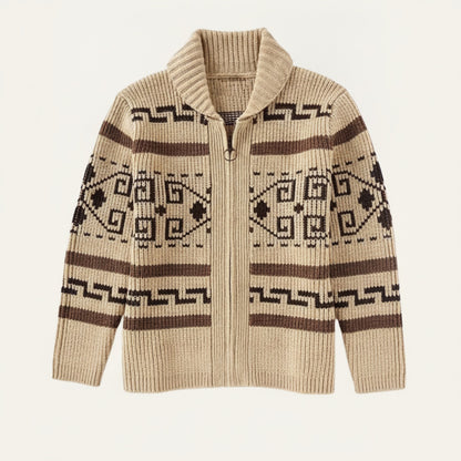 Men's Zip-Up Cardigan with Shawl Collar and Aztec Jacquard Pattern