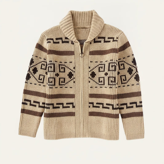Men's Zip-Up Cardigan with Shawl Collar and Aztec Jacquard Pattern