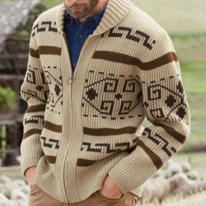 Men's Zip-Up Cardigan with Shawl Collar and Aztec Jacquard Pattern
