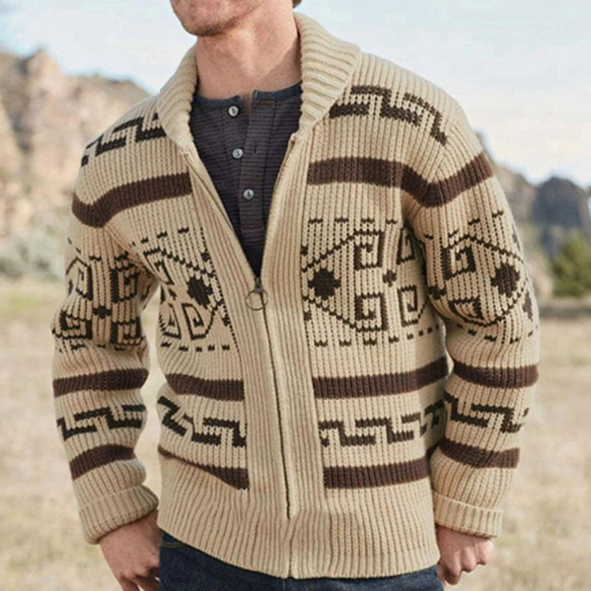 Men's Zip-Up Cardigan with Shawl Collar and Aztec Jacquard Pattern