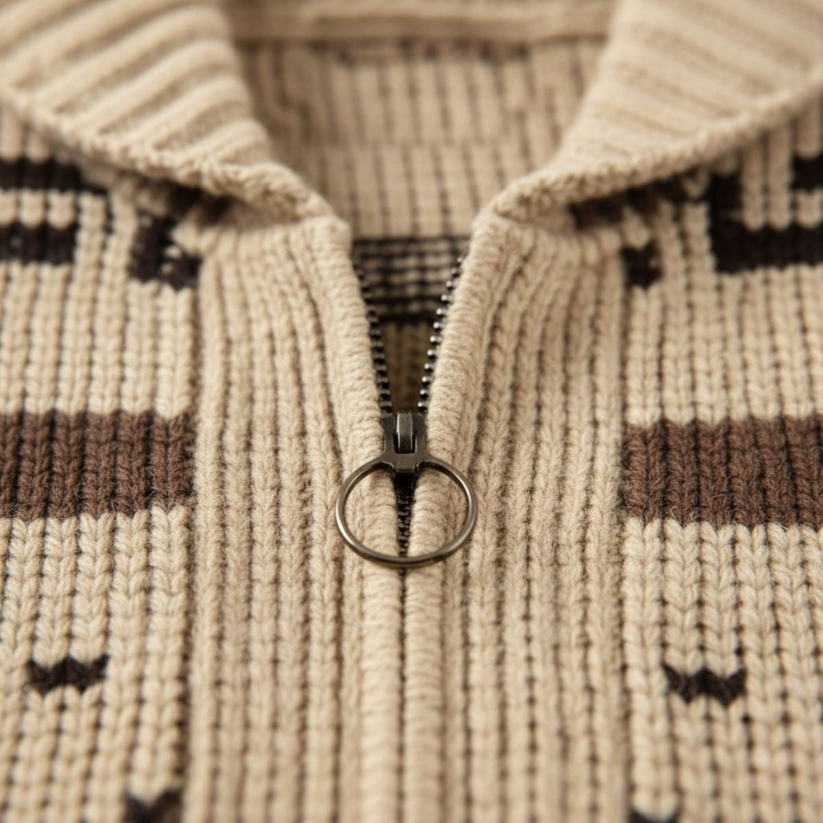Men's Zip-Up Cardigan with Shawl Collar and Aztec Jacquard Pattern