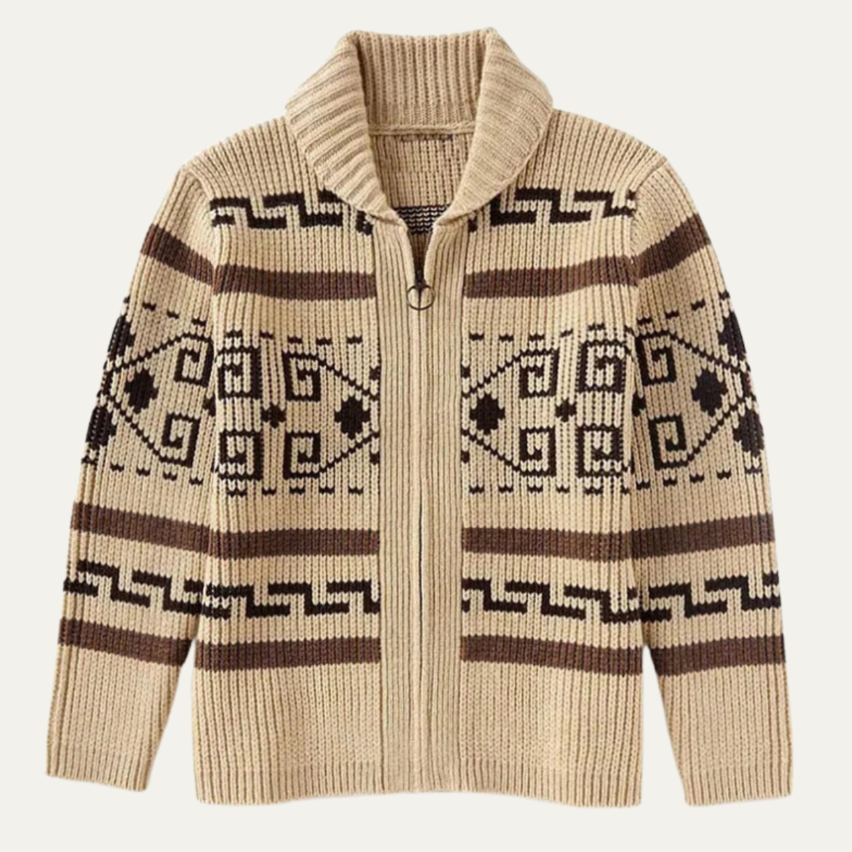 Men's Zip-Up Cardigan with Shawl Collar and Aztec Jacquard Pattern