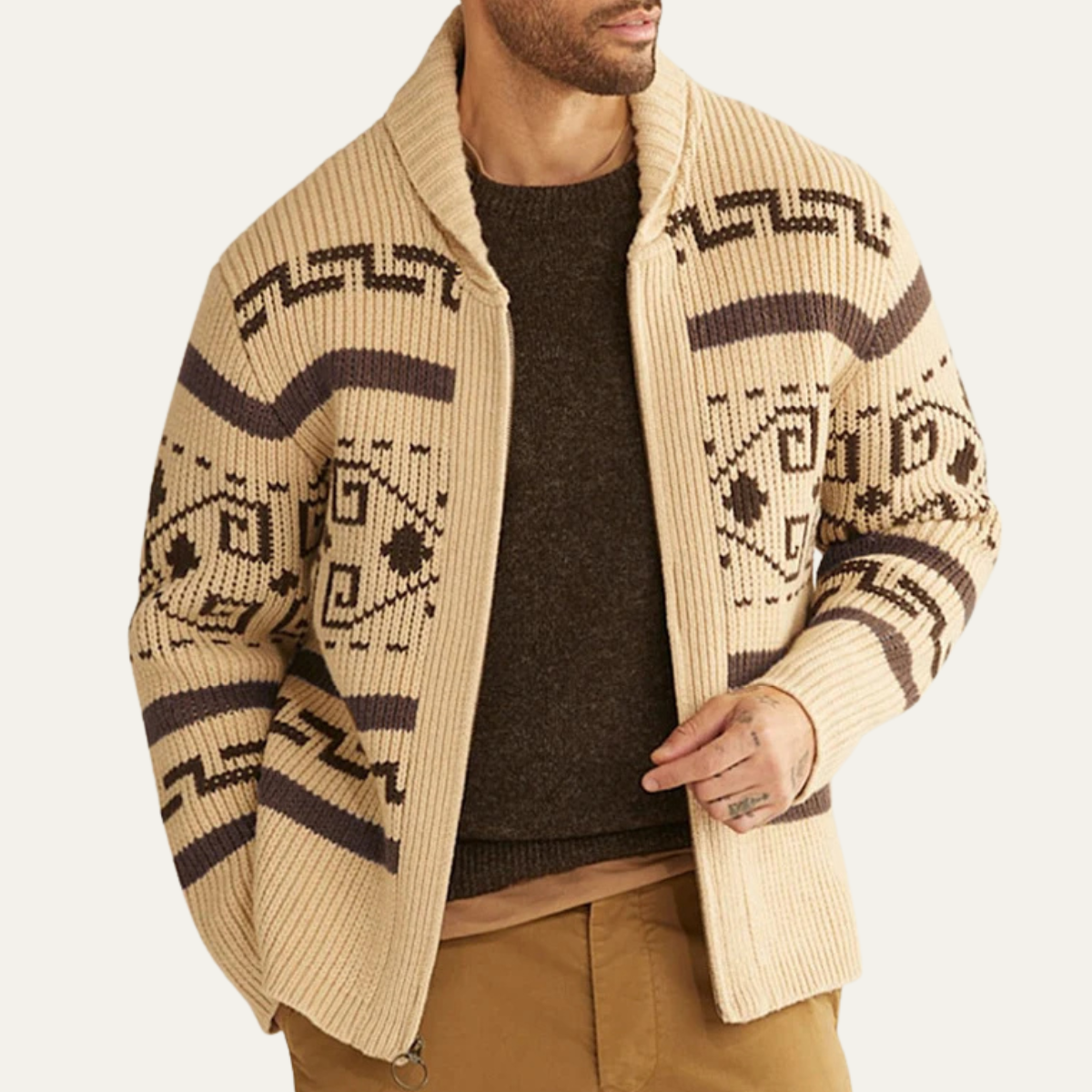 Men's Zip-Up Cardigan with Shawl Collar and Aztec Jacquard Pattern
