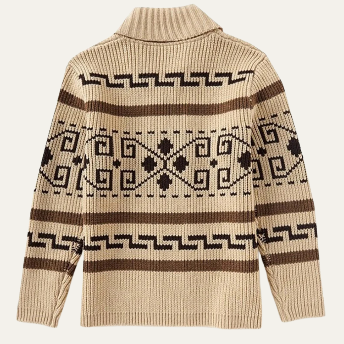 Men's Zip-Up Cardigan with Shawl Collar and Aztec Jacquard Pattern