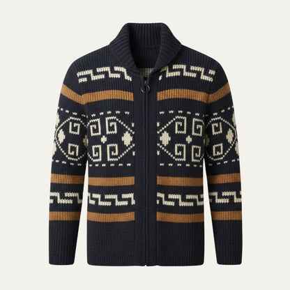 Men's Zip-Up Cardigan with Shawl Collar and Aztec Jacquard Pattern