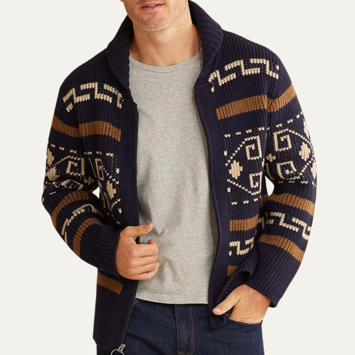 Men's Zip-Up Cardigan with Shawl Collar and Aztec Jacquard Pattern