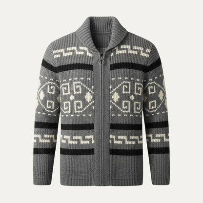 Men's Zip-Up Cardigan with Shawl Collar and Aztec Jacquard Pattern