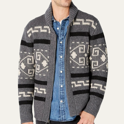 Men's Zip-Up Cardigan with Shawl Collar and Aztec Jacquard Pattern