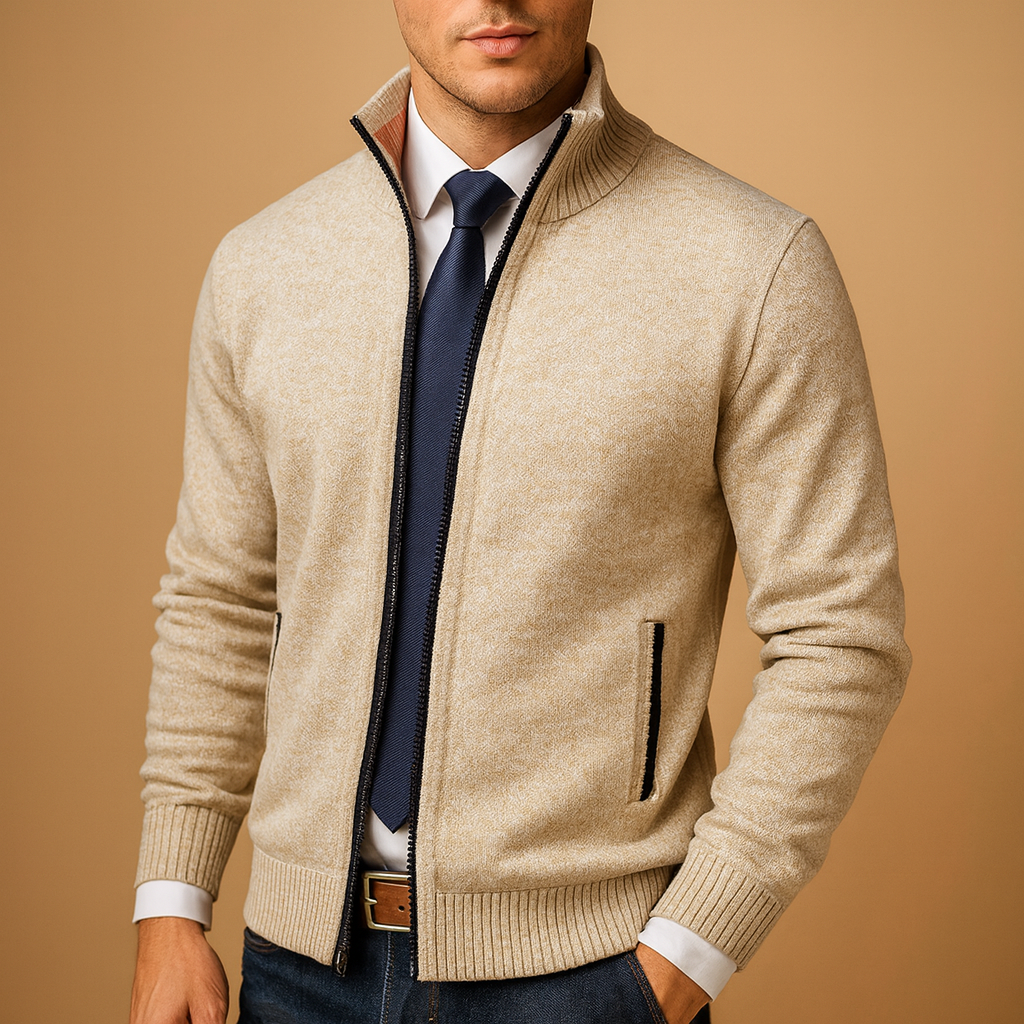 Men's Zip-Up Cardigan with Stand Collar and Side Pockets