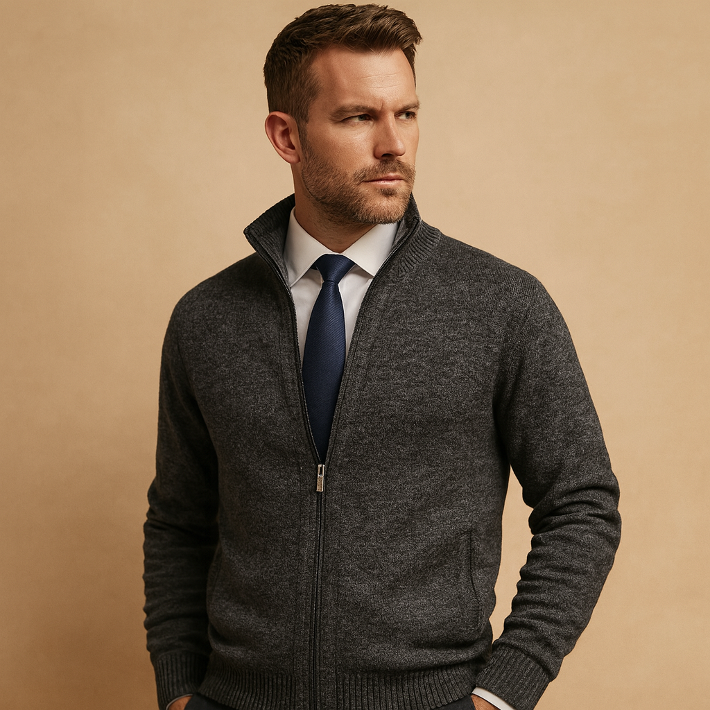 Men's Zip-Up Cardigan with Stand Collar and Side Pockets