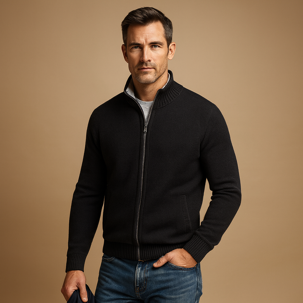 Men's Zip-Up Cardigan with Stand Collar and Side Pockets