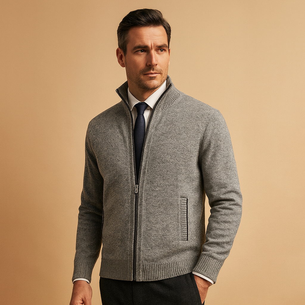 Men's Zip-Up Cardigan with Stand Collar and Side Pockets