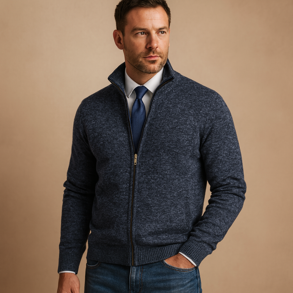 Men's Zip-Up Cardigan with Stand Collar and Side Pockets