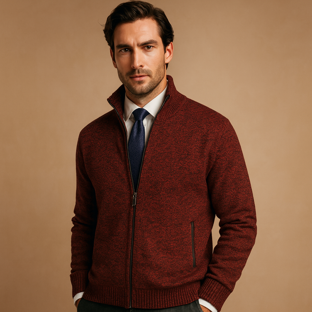 Men's Zip-Up Cardigan with Stand Collar and Side Pockets