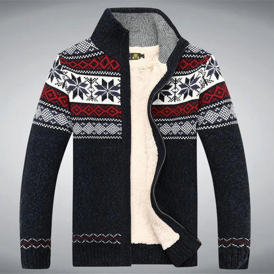 Men's Zip-Up Cardigan with Stand Collar and Winter Pattern