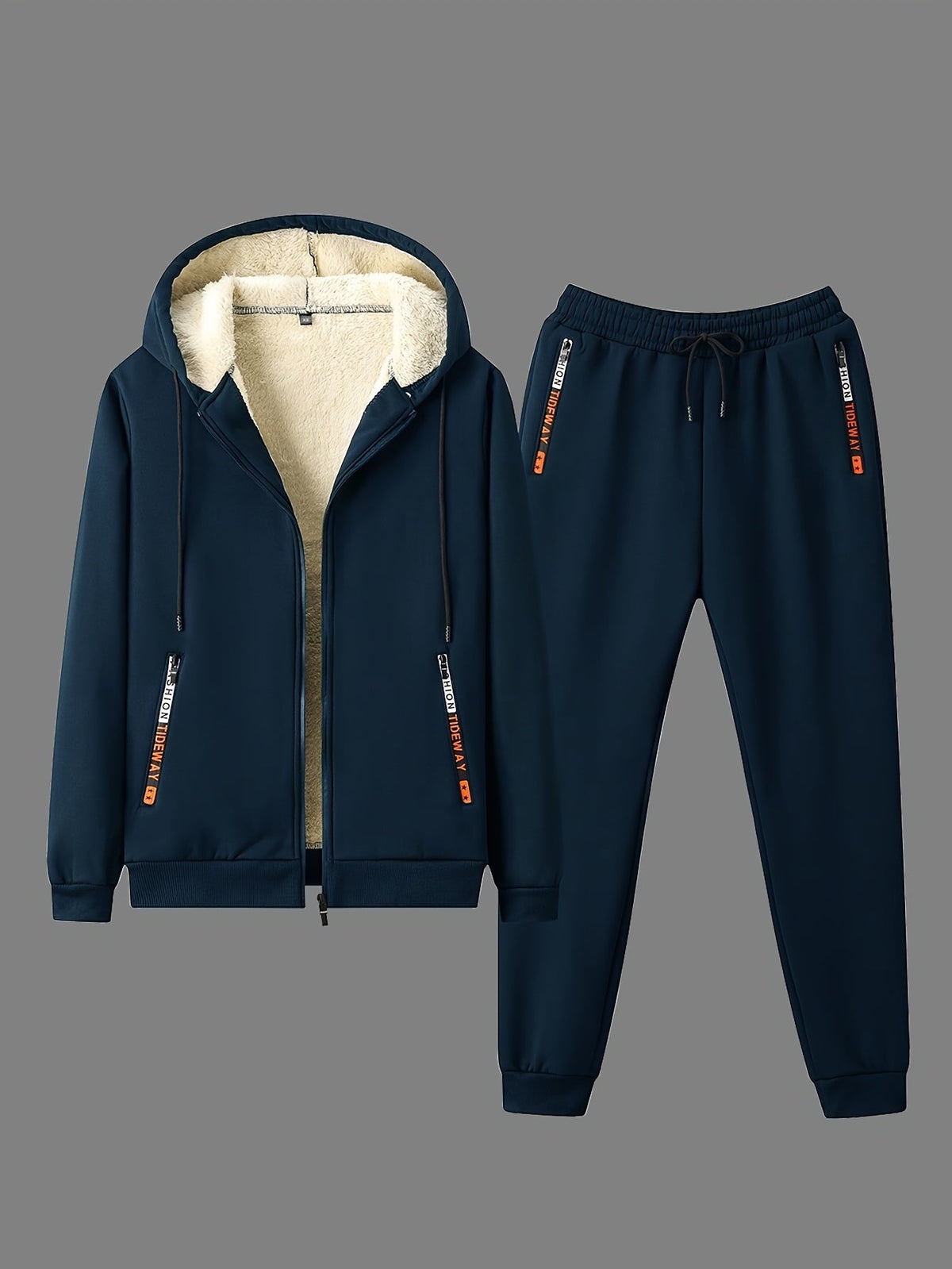 Men's Zip-Up Hooded Tracksuit Set with Sherpa Lining and Zip Pockets