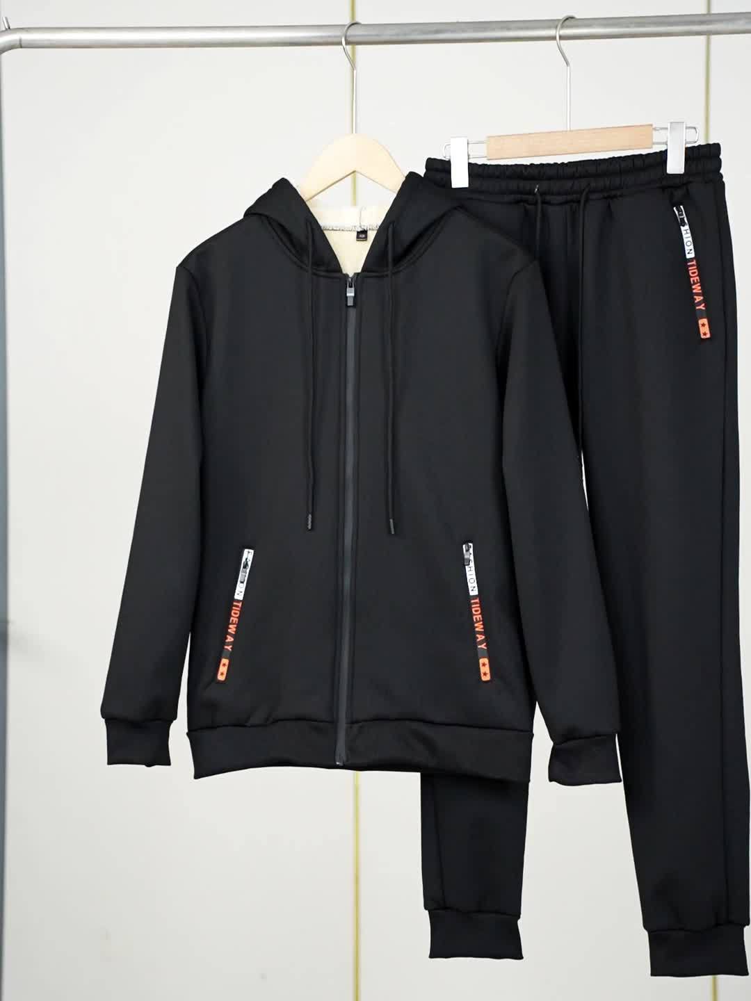 Men's Zip-Up Hooded Tracksuit Set with Sherpa Lining and Zip Pockets