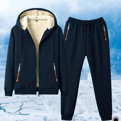 Men's Zip-Up Hooded Tracksuit Set with Sherpa Lining and Zip Pockets