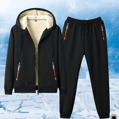 Men's Zip-Up Hooded Tracksuit Set with Sherpa Lining and Zip Pockets