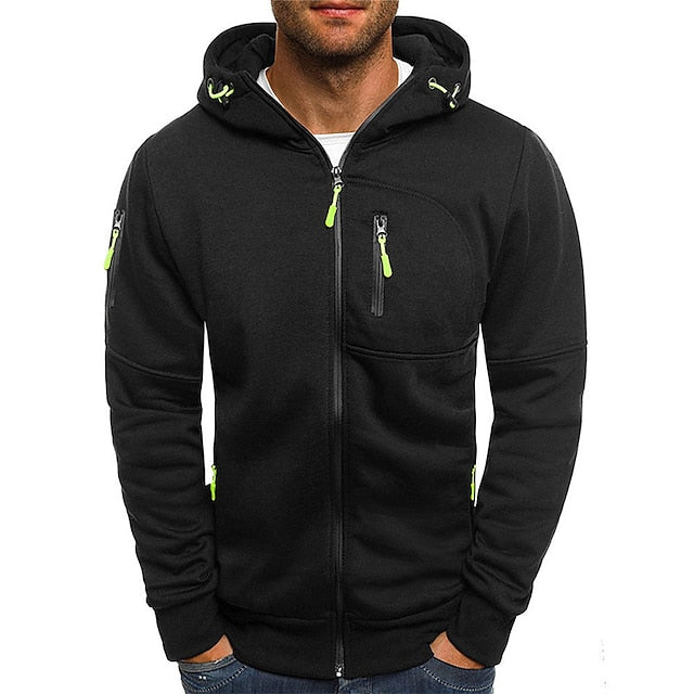 Men's Zip-Up Hoodie with Hood and Multiple Zip Pockets