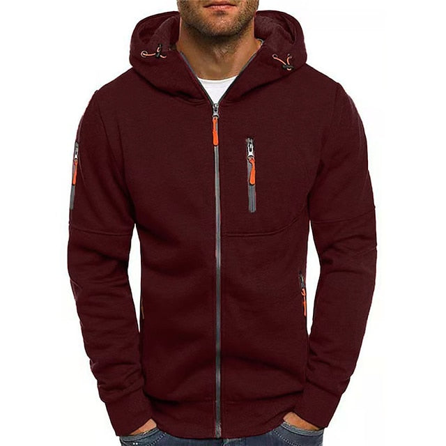 Men's Zip-Up Hoodie with Hood and Multiple Zip Pockets